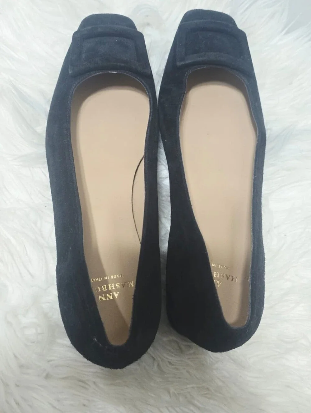 ANN MASHBURN Buckle Heel Black Suede size 38 US 9.5 small heel flats